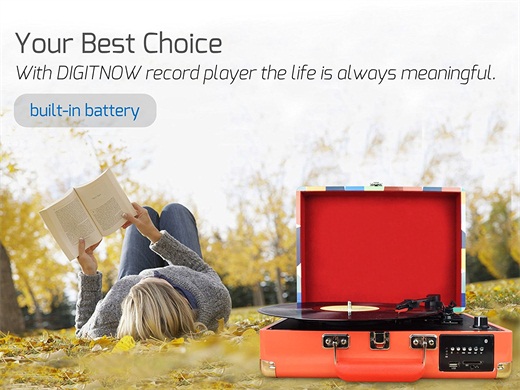 DIGITNOW Record Player, Turntable Suitcase with Multi-Function Bluetooth/FM Radio/USB and SD Card Port/Vinyl to MP3 Converter