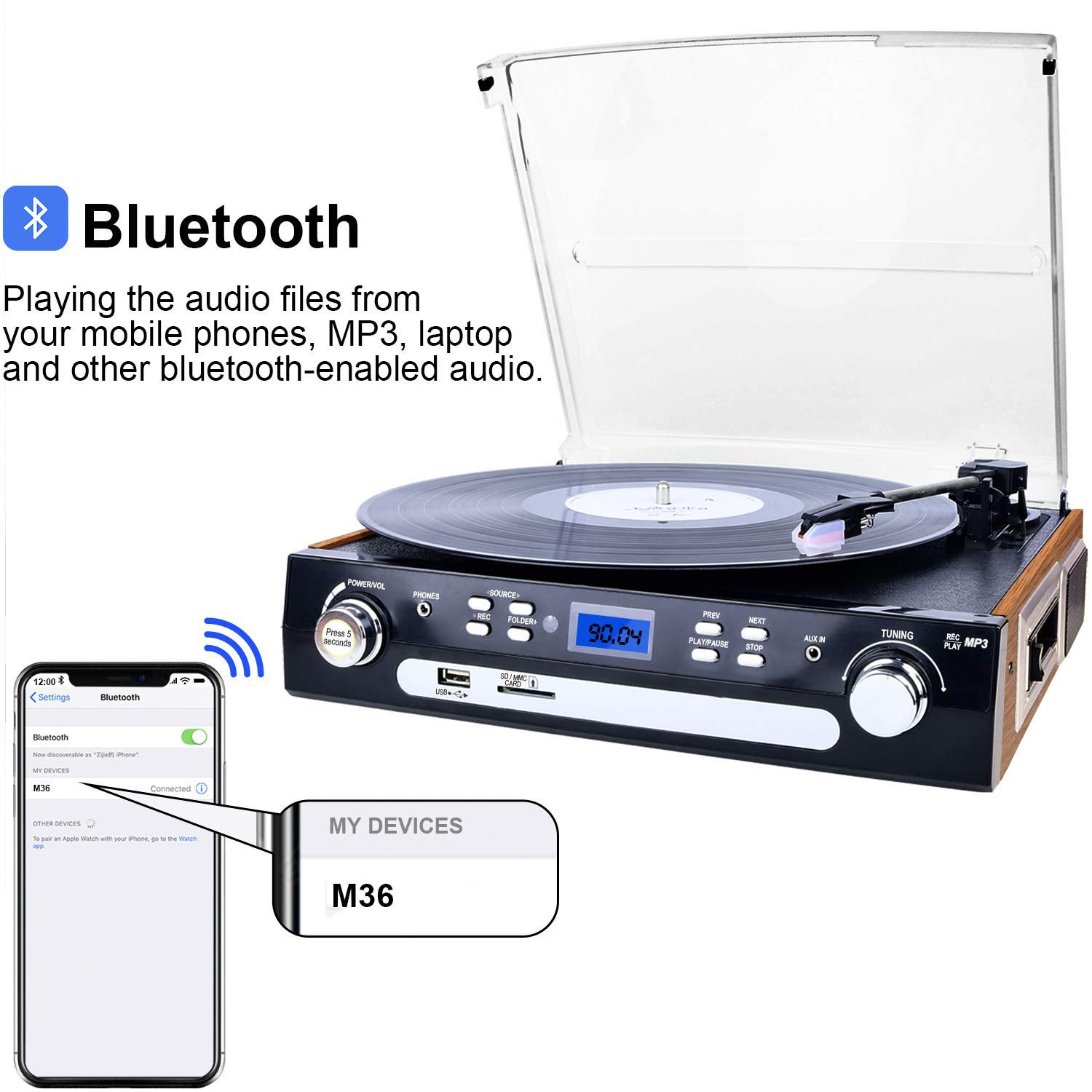 M36 DIGITNOW! Bluetooth Record Player with Stereo Speakers, Turntable