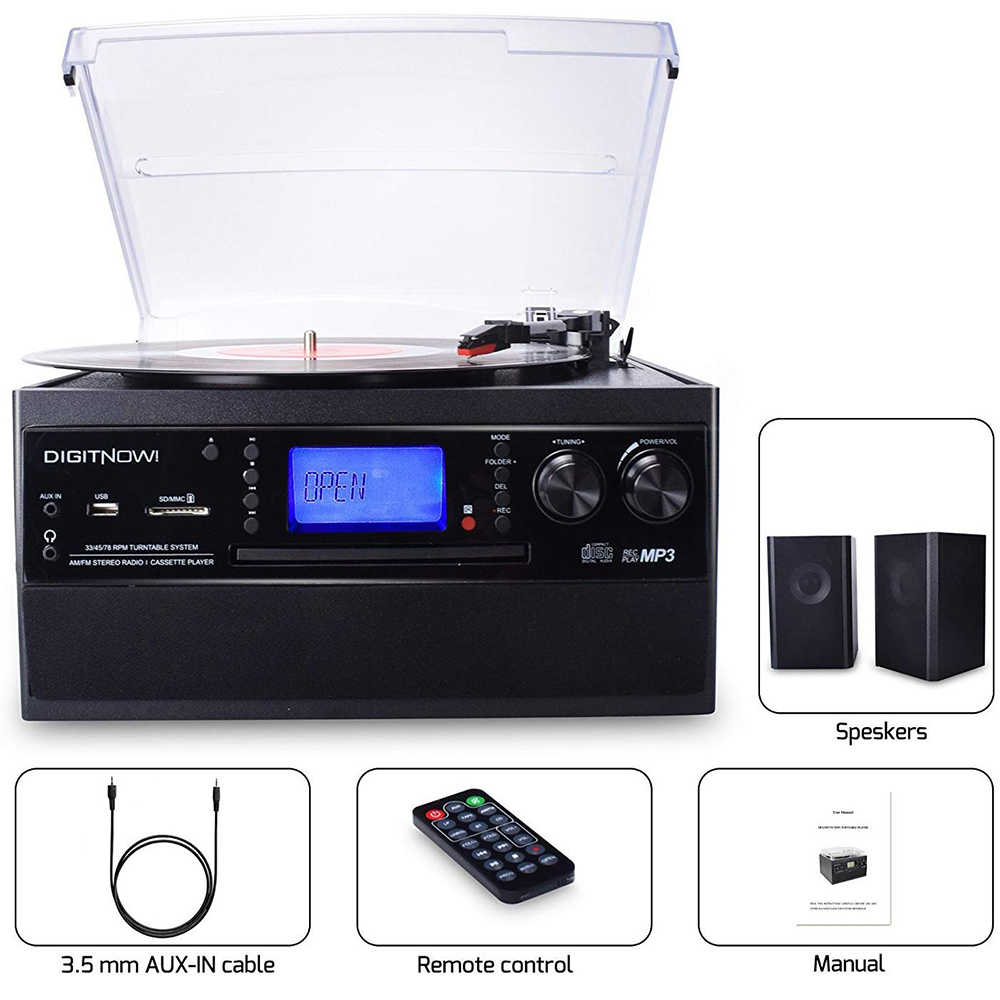 DIGITNOW Bluetooth Record Player Turntable with Stereo Speaker, LP Vinyl to MP3 Converter with CD, Cassette, Radio, Aux in and USB / SD Encoding, Remote Control, Audio Music Player 