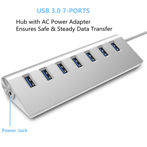 Rybozen 7-Port USB 3.0 Hub, Aluminum Data Hub with 5V/4A 20W Power Adapter and 4.9Ft USB Cable for Desktop PC/Laptop