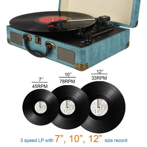 Suitcase Vinyl Record Player Bluetooth Turntable with Speakers 3 Speed Vintage Suitcase LP Record Player with Stereo Speakers Belt Driven Portable Nostalgic Phonograph 