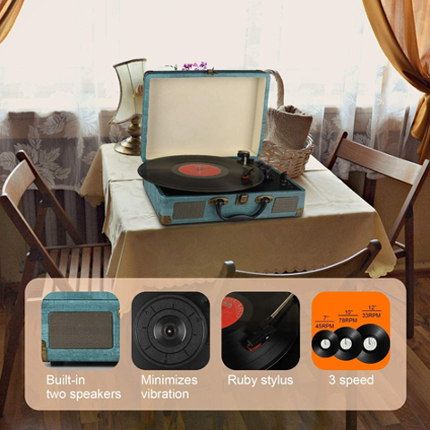 DIGITNOW Record Player Vintage 3-Speed Bluetooth Vinyl Turntable with Stereo Speaker, Belt Driven Suitcase Vinyl Record Player