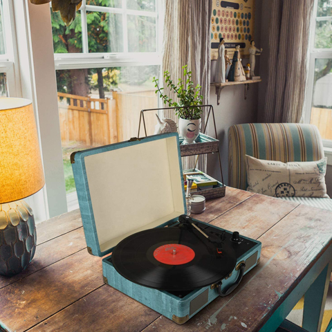 DIGITNOW Record Player Vintage 3-Speed Bluetooth Vinyl Turntable with Stereo Speaker, Belt Driven Suitcase Vinyl Record Player