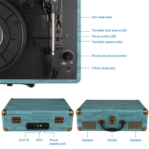 DIGITNOW Record Player Vintage 3-Speed Bluetooth Vinyl Turntable with Stereo Speaker, Belt Driven Suitcase Vinyl Record Player