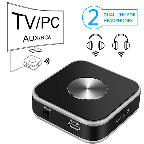 Rybozen Bluetooth Audio Transmitter with 3.5mm AUX/RCA/USB Input for TV Computer Laptop, Wireless Audio Adapter Support Dual Link for Two Headphones Bluetooth Audio Transmitter with 3.5mm AUX/