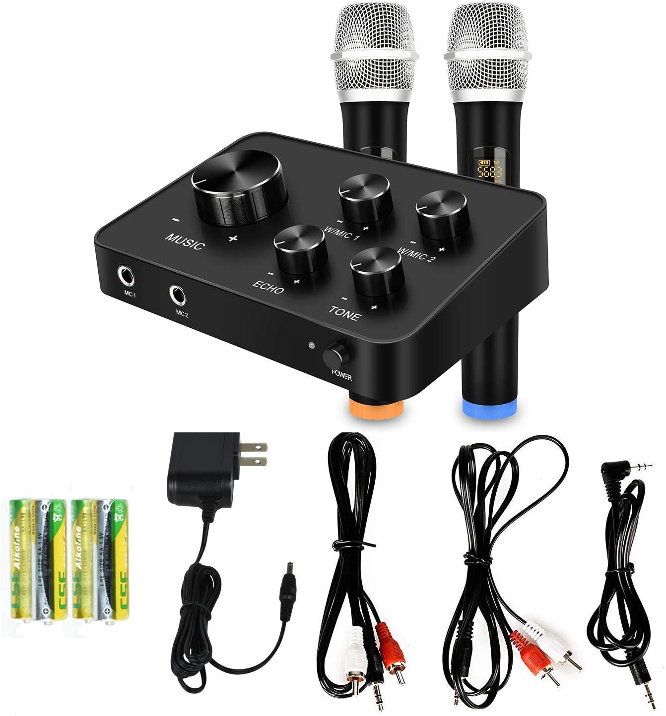 Portable Karaoke Microphone Mixer System Set, with Dual UHF Wireless Mic, HDMI & AUX In/Out for Karaoke, Home Theater, Amplifier, Speaker