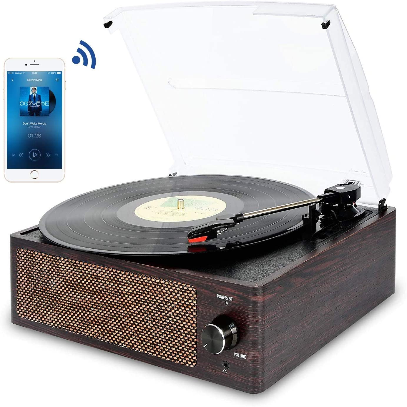DIGITNOW Bluetooth Record Player Belt-Driven 3-Speed Turntable, Vintage Vinyl Record Players Built-in Stereo Speakers, with Headphone Jack/ Aux Input/ RCA Line Out, Brown Wooden