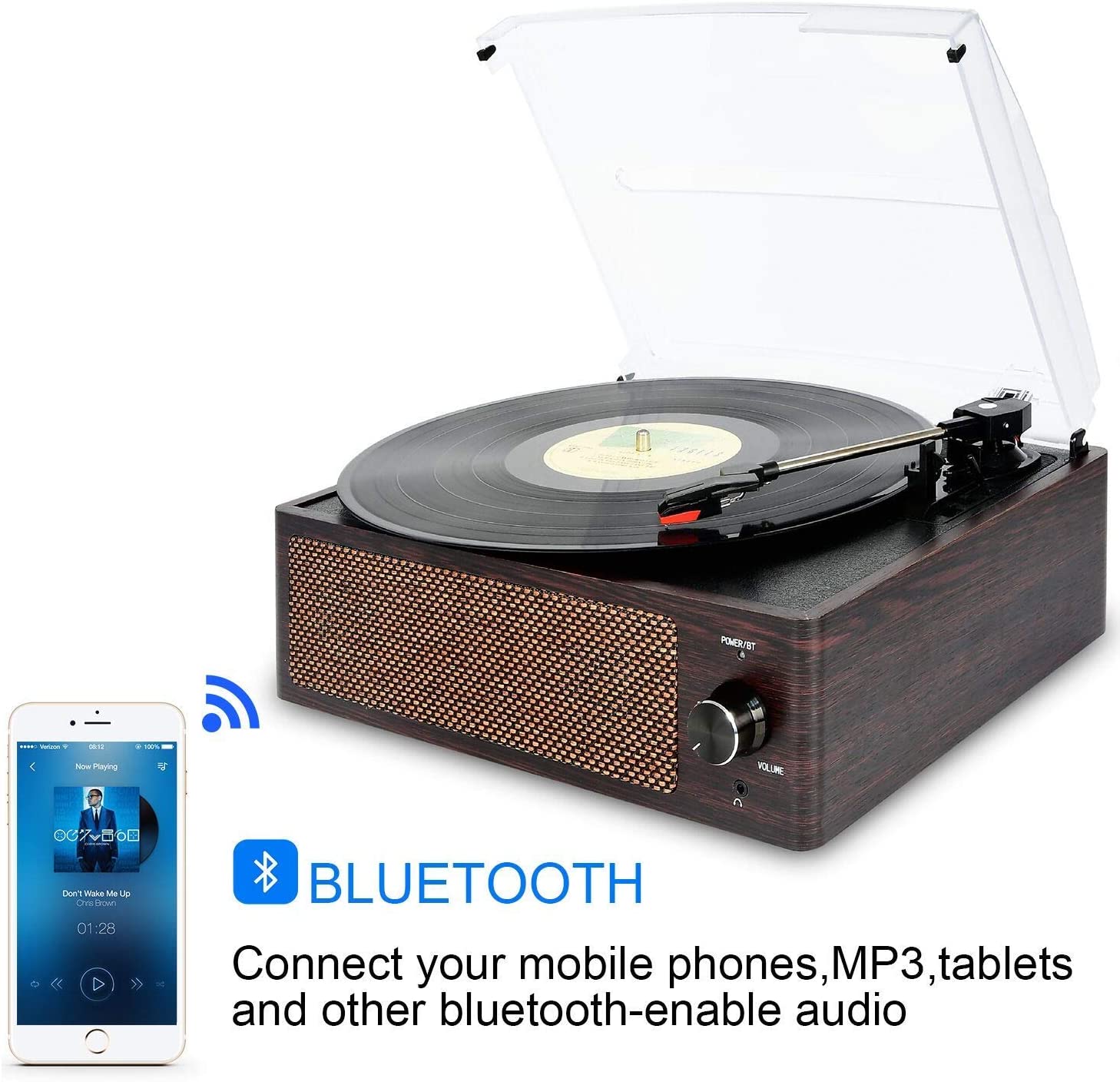DIGITNOW Bluetooth Record Player Belt-Driven 3-Speed Turntable, Vintage Vinyl Record Players Built-in Stereo Speakers, with Headphone Jack/ Aux Input/ RCA Line Out, Brown Wooden