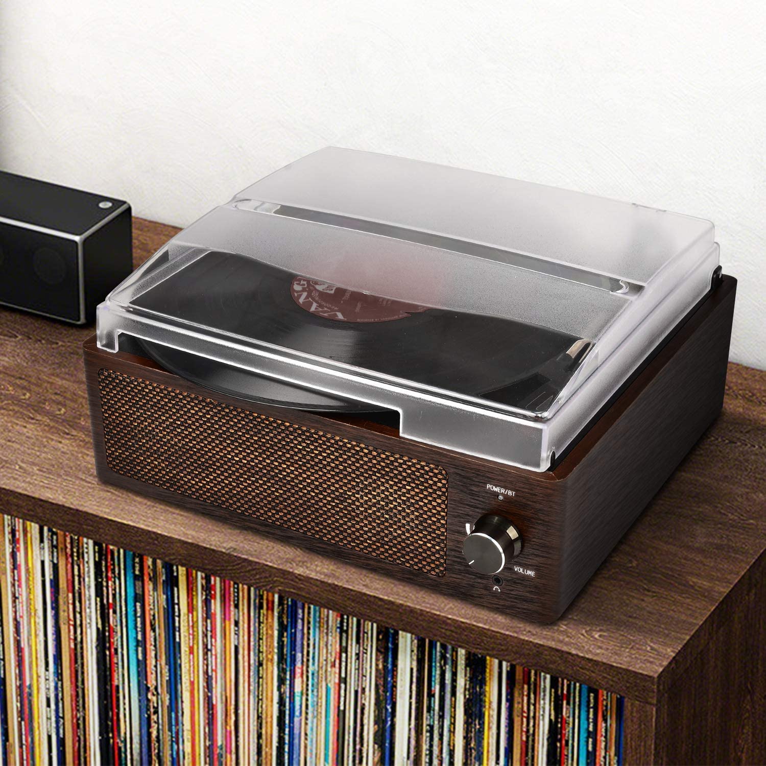 DIGITNOW Bluetooth Record Player Belt-Driven 3-Speed Turntable, Vintage Vinyl Record Players Built-in Stereo Speakers, with Headphone Jack/ Aux Input/ RCA Line Out, Brown Wooden