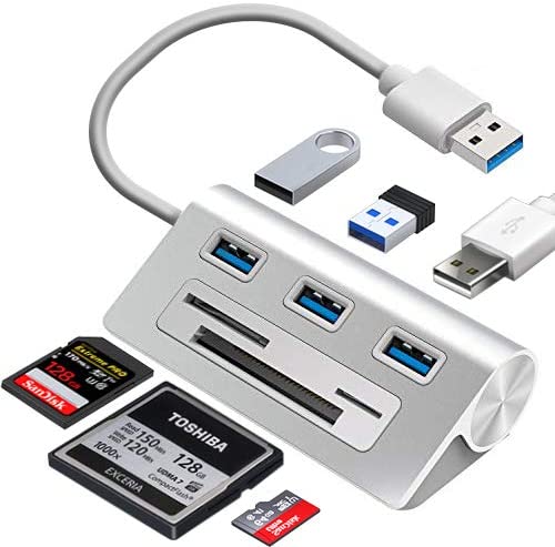 Rybozen 6-in-1 USB 3.0 Card Reader, Aluminum Data USB 3.0 Hub with 3 High-Speed Ports and 1 CF/SD/TF Card Reader, 12" USB Cable for Mac Pro, iMac, MacBook, Laptop and Desktop PC