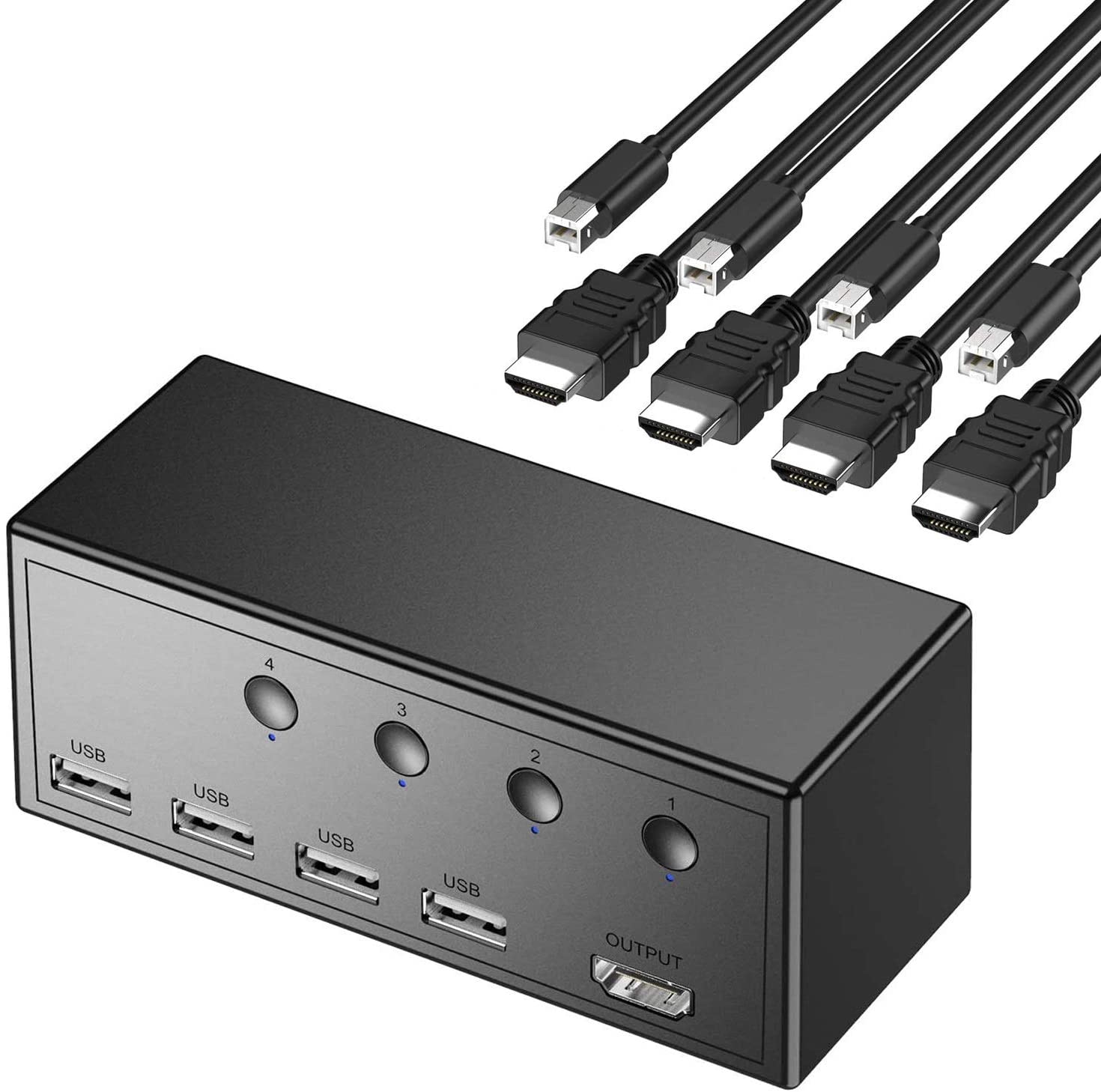 Rybozen 4 Ports HDMI KVM Switch Box, 4 USB 2.0 Hub, UHD 4Kx2K @30Hz & 3D & 1080P Supported and Wireless Keyboard Mouse, Share 4 Computers with one Keyboard Mouse and HD Monitor, with 4 USB-B and HDMI 