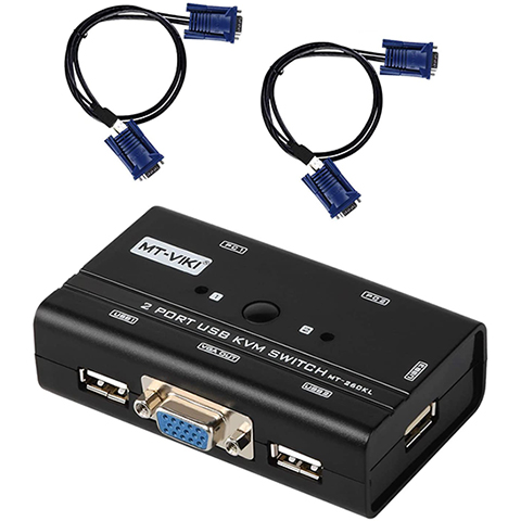 Rybozen 2 Port USB VGA KVM Switch with 2 Cables, Selector Switcher for 2PC Sharing One Video Monitor and 3 USB Devices, Keyboard, Mouse, Scanner, Printer
