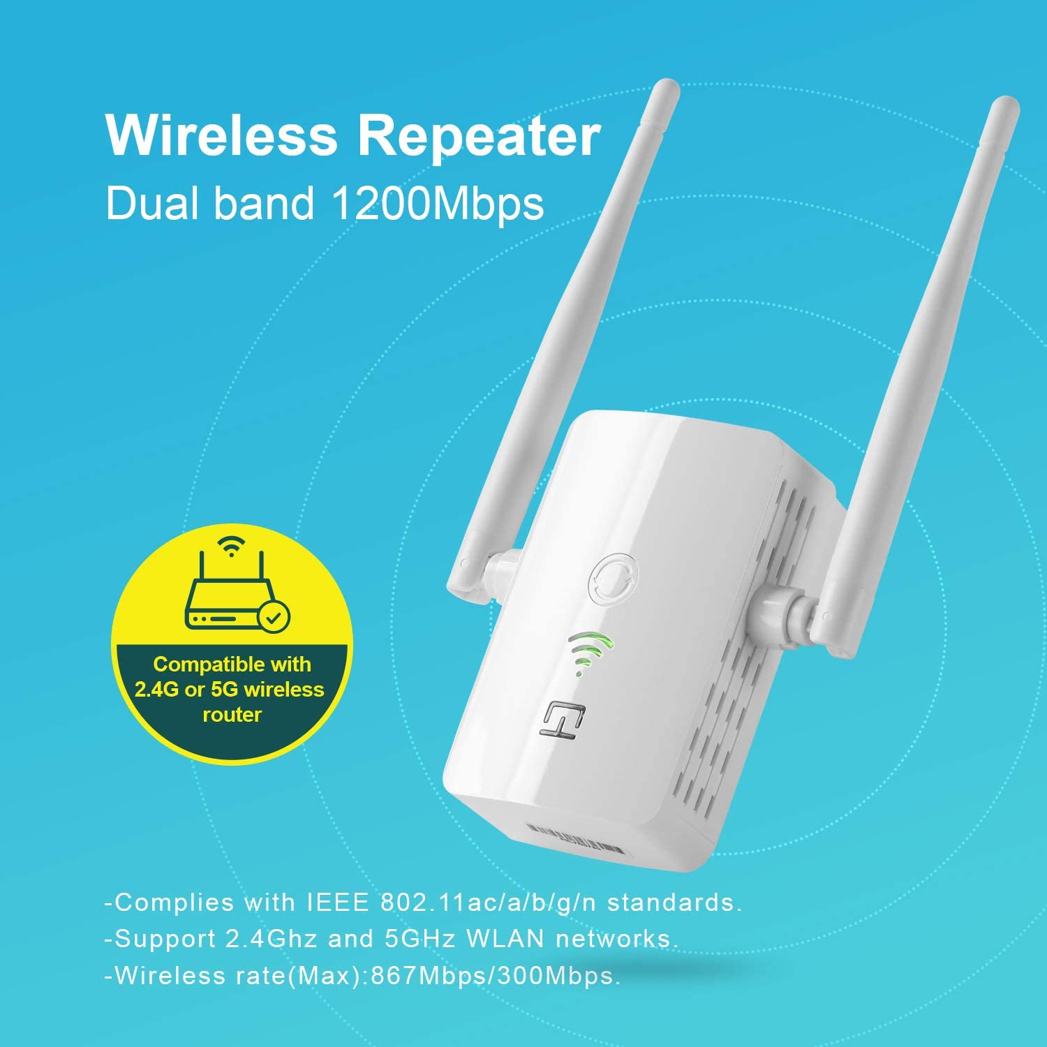 WiFi Range Extender, 2.4 & 5GHz Dual Band High Speed up to 1200 Mbps WiFi Repeater Wireless Signal Booster, Wide Coverage Eliminate WiFi Dead Zones, Support WPS 1 Button Setup with 2 External Antennas