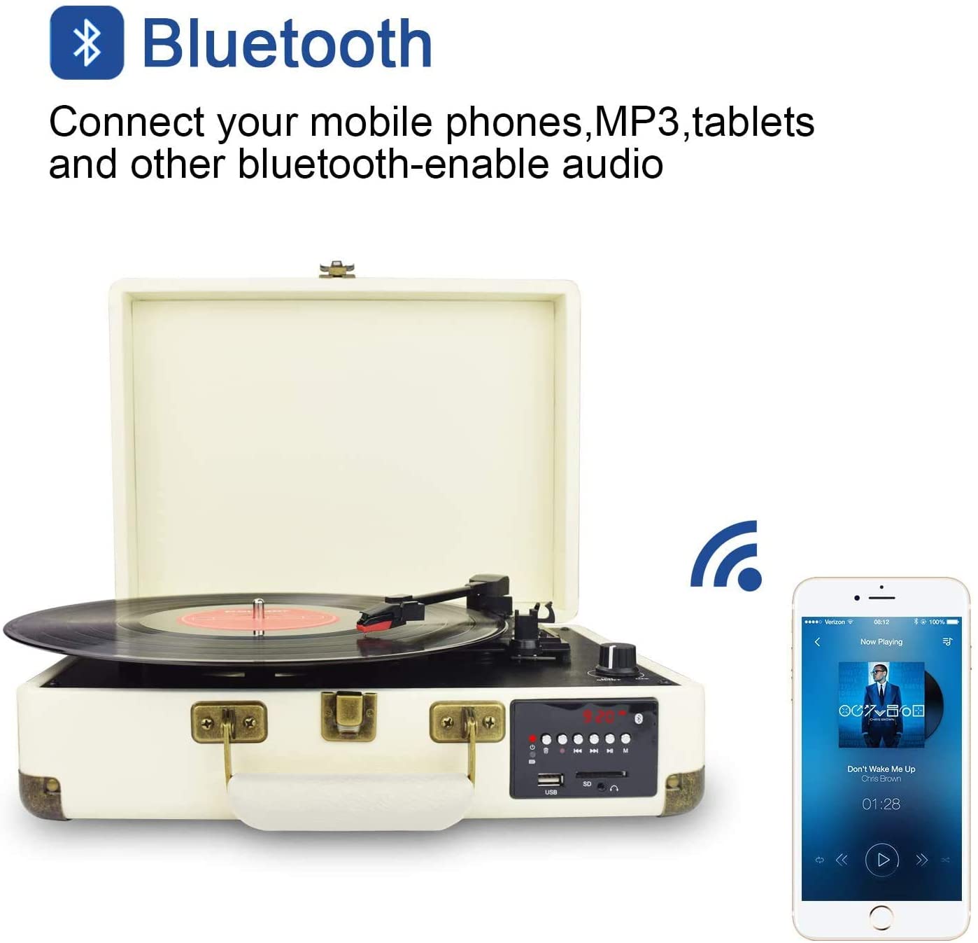 DIGITNOW Record Player, Turntable Suitcase with Multi-Function Bluetooth/FM Radio/USB and SD Card Port/Vinyl to MP3 Converter
