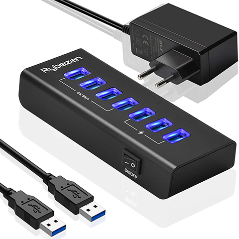Rybozen Powered USB Hub 3.0, 7-Port USB Hubs with 4 USB 3.0 Super Speed Data Ports and 3 USB Smart Charging Ports,USB Splitter with LEDs On/Off Switch and Power Adapter for Keyboard, Mouse and Hard Dr