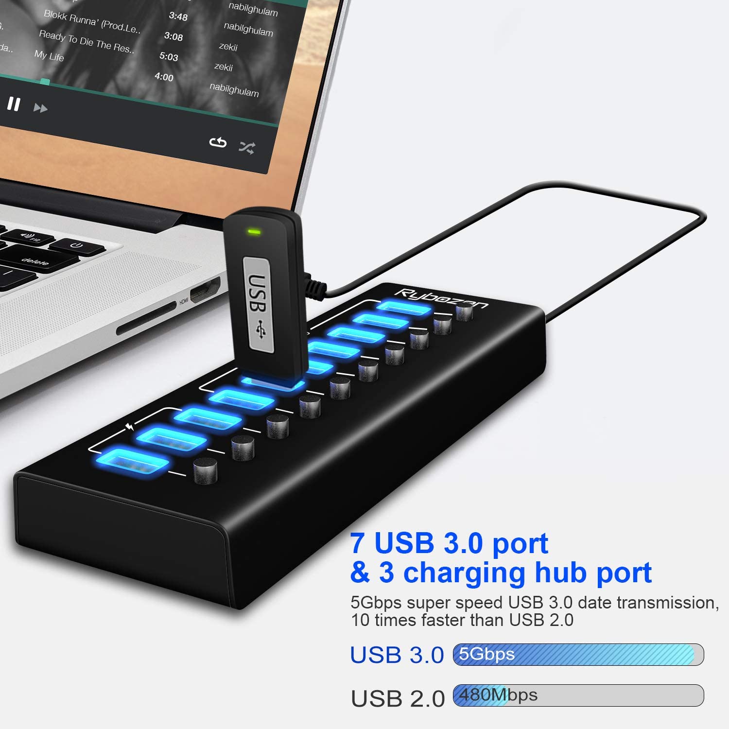 Rybozen USB Hub 3.0, 7 USB 3.0 Super Speed Data Ports and 3 USB Smart Charging Ports, with LEDs Individual Switches and Power Adapter for Keyboard, Mouse, Printer, Hard Drivers and More USB Devices