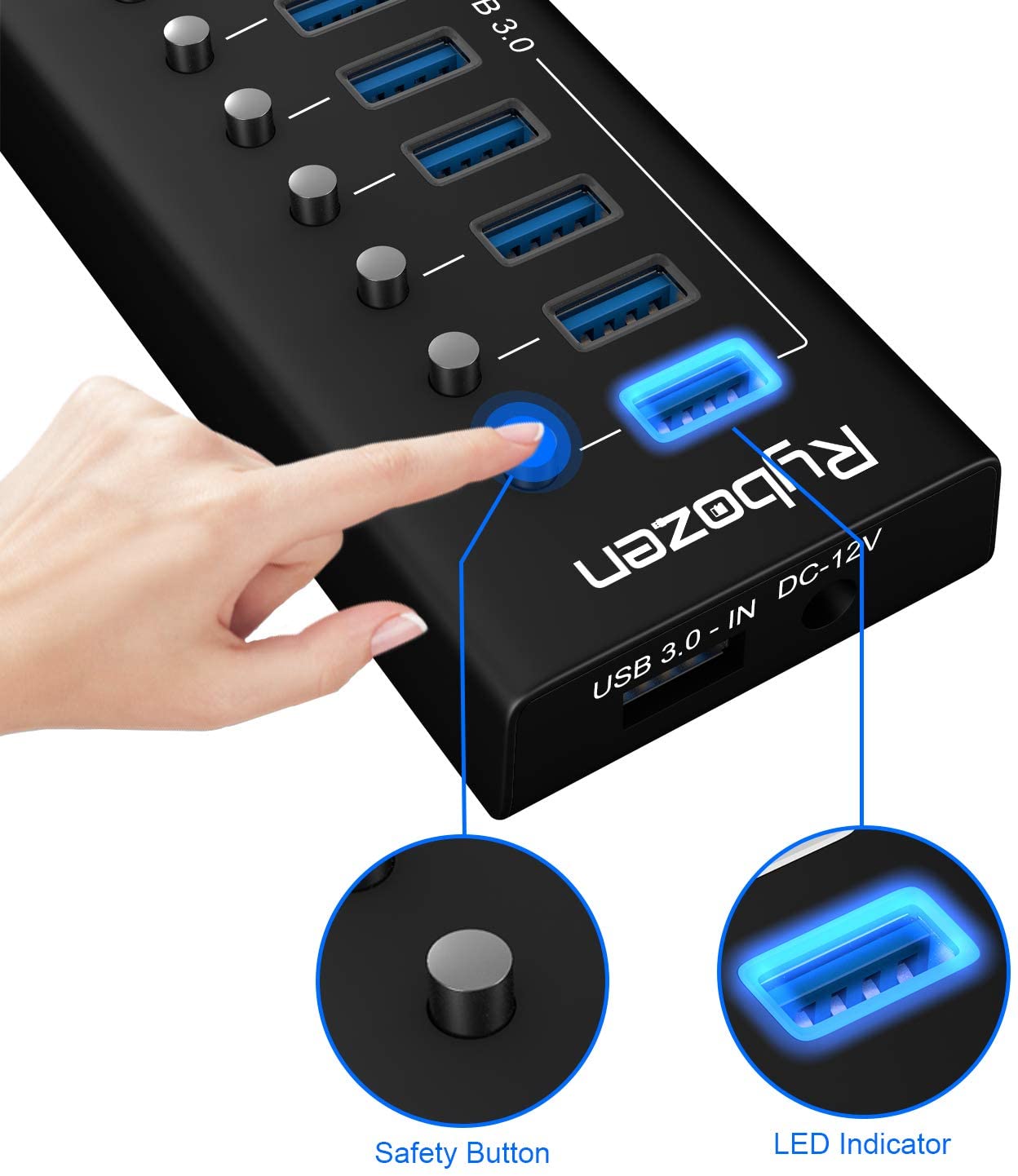 Rybozen USB Hub 3.0, 7 USB 3.0 Super Speed Data Ports and 3 USB Smart Charging Ports, with LEDs Individual Switches and Power Adapter for Keyboard, Mouse, Printer, Hard Drivers and More USB Devices