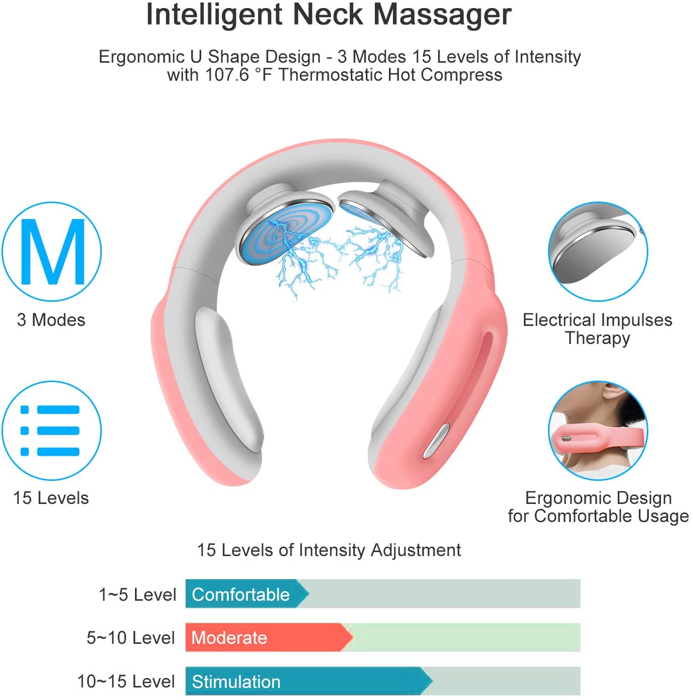 Cotsoco Neck Massager, Intelligent Neck Massage with Heat, 3 Modes 15 Levels Deep Tissue Electric Massager Use at Home Office Car for Pain Relief