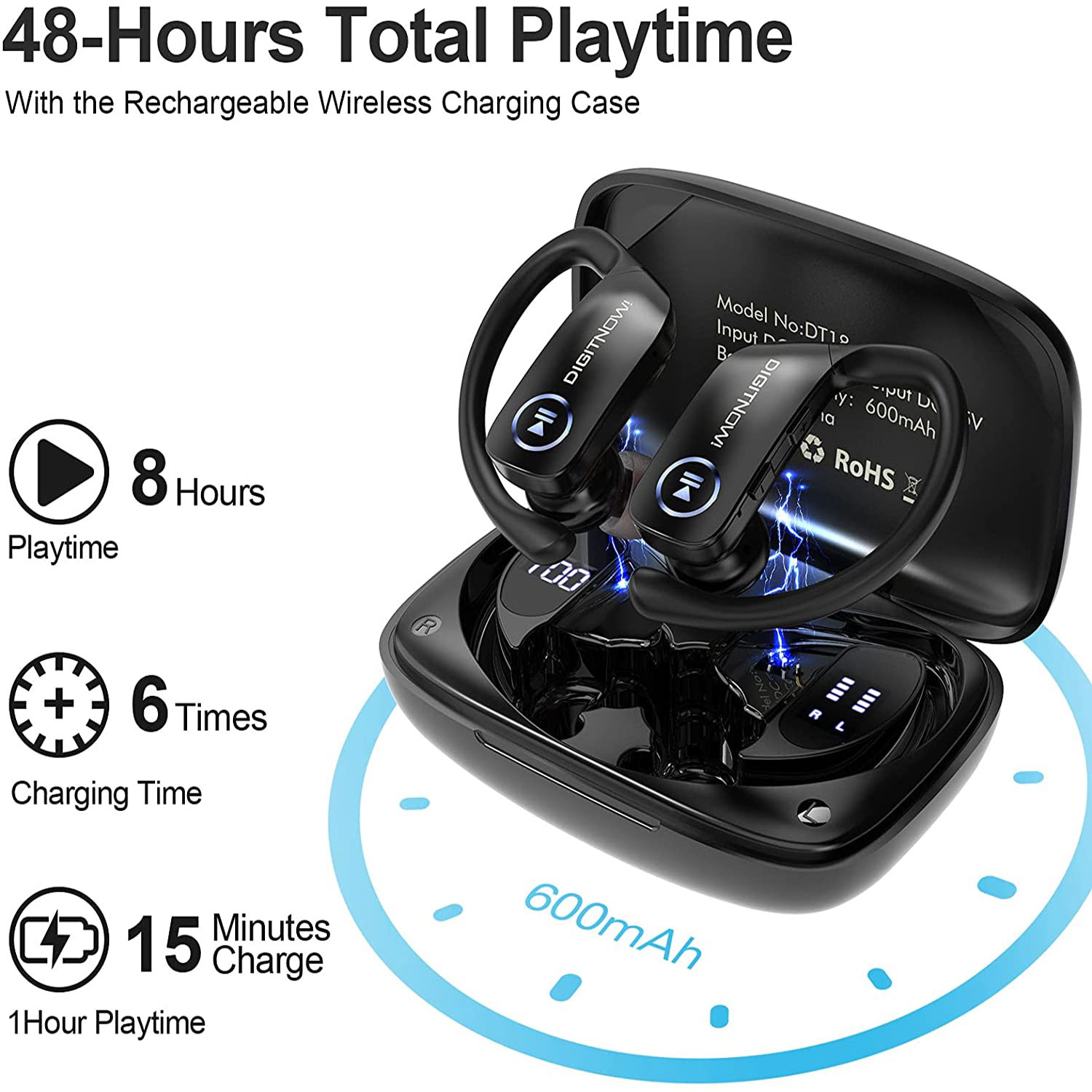 DIGITNOW Wireless Earbuds Bluetooth 5.0 Headphones 48Hrs Play Back Touch Control with LED Display Charging Case Waterproof Stereo Earphones in-Ear Built-in Mic Headset Deep Bass for Sport Workout