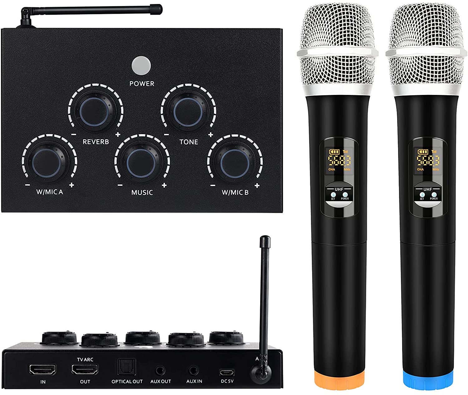 Portable Karaoke Microphone Mixer System Set, with Dual UHF Wireless Mic, HDMI-ARC / Optical / AUX & HDMI in/Out in Singing Receiver for Smart TV, PC, KTV, Home Theater, Amplifier, Speaker