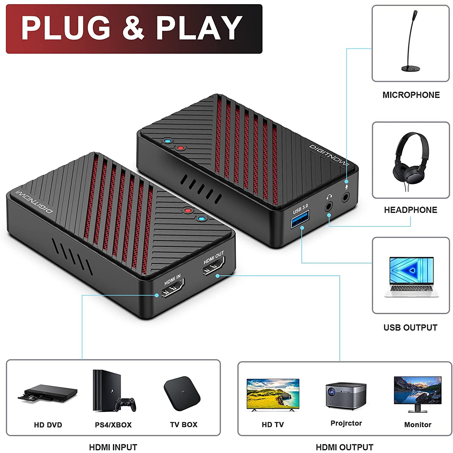 DIGITNOW 4K Video Capture Card, HDMI to USB3.0 Live Gamer Capture Card Full HD 1080P 60fps, Ultra-Low Latency for Streaming and Recording, Work with Nintendo Switch, PS5, PS4, Xbox One, PC