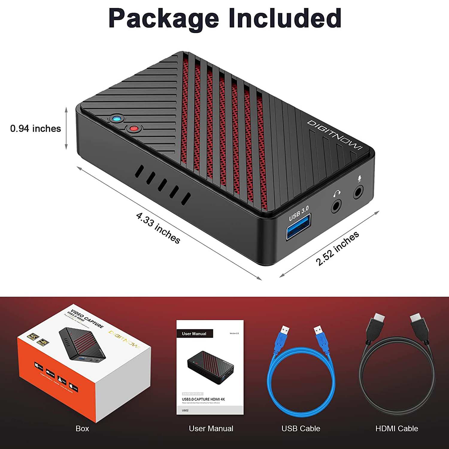 DIGITNOW 4K Video Capture Card, HDMI to USB3.0 Live Gamer Capture Card Full HD 1080P 60fps, Ultra-Low Latency for Streaming and Recording, Work with Nintendo Switch, PS5, PS4, Xbox One, PC