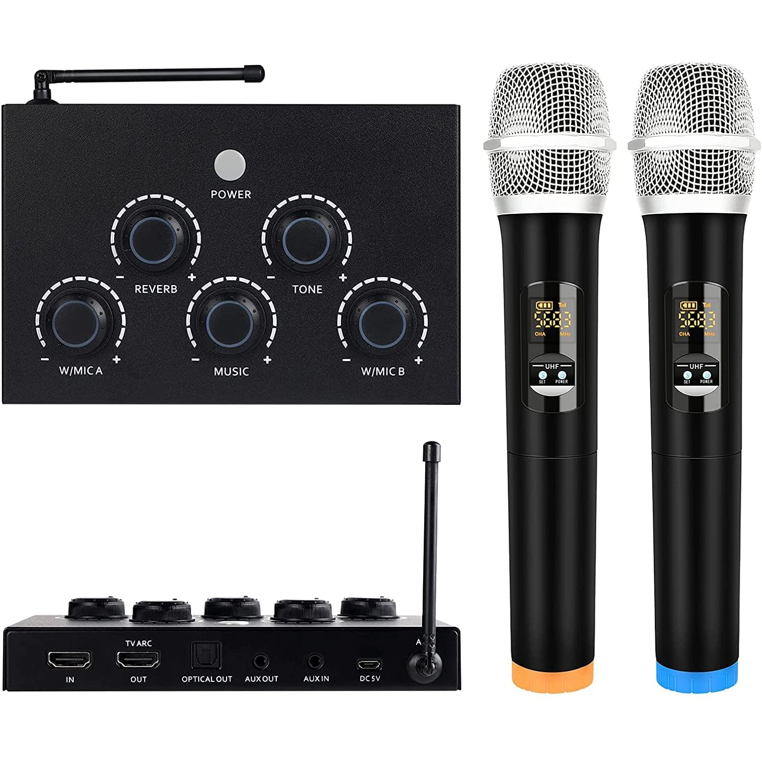 smid væk Modregning Burger Portable Karaoke Microphone Mixer System Set, with Dual UHF Wireless Mic,  HDMI-ARC / Optical / AUX & HDMI in/Out in Singing Receiver for Smart TV,  PC, KTV, Home Theater, Amplifier, Speaker-Karaoke Microphone