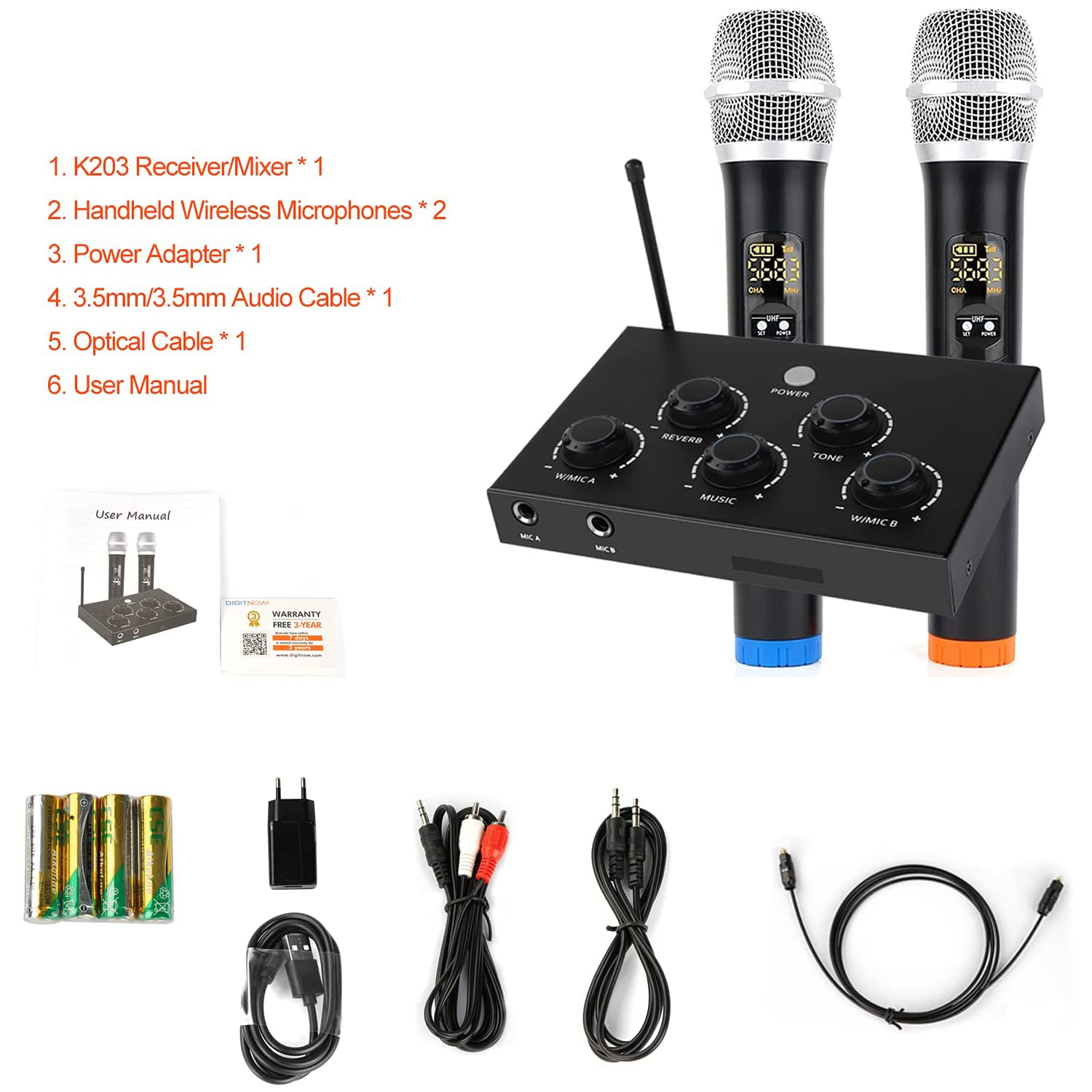 Portable Karaoke Microphone Mixer System Set, with Dual UHF Wireless Mic, HDMI-ARC / Optical / AUX & HDMI in/Out in Singing Receiver for Smart TV, PC, KTV, Home Theater, Amplifier, Speaker