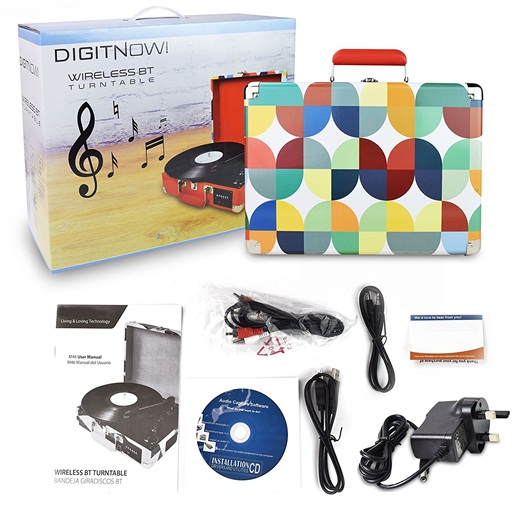 DIGITNOW Record Player, Turntable Suitcase with Multi-Function Bluetooth/FM Radio/USB and SD Card Port/Vinyl to MP3 Converter