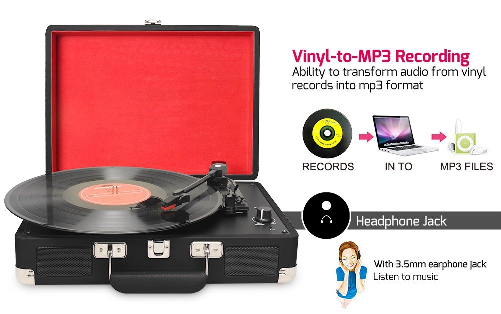 DIGITNOW Vintage Turntable,Black 3 Speed Vinyl Record Player - Suitcase Turntable with Built-in Stereo Speakers, Supports USB / RCA Output / Headphone Jack / MP3 / Mobile Phones Music Playback 