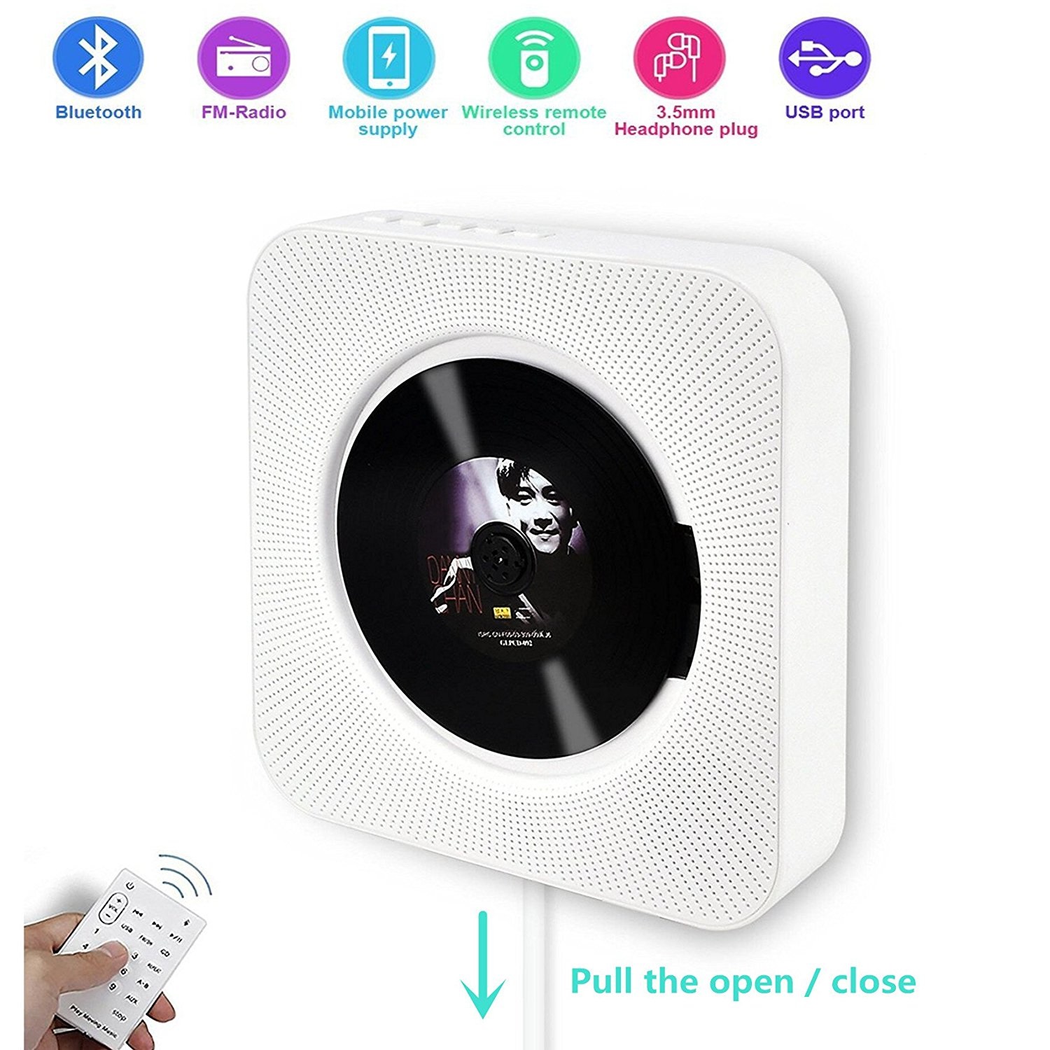 DIGITNOW Wall CD Player with Bluetooth, Portable Wall Mountable, Remote Control, FM Radio, HiFi Speaker, Supports USB, Earphones and Phone