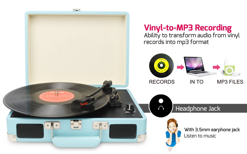 DIGITNOW!Vintage Turntable,3 Speed Vinyl Record Player-Suitcase/Briefcase Style with Built-in Stereo Speakers, Supports USB/RCA Output/Headphone Jack / MP3 / Mobile Phones Music Playback (Blue)