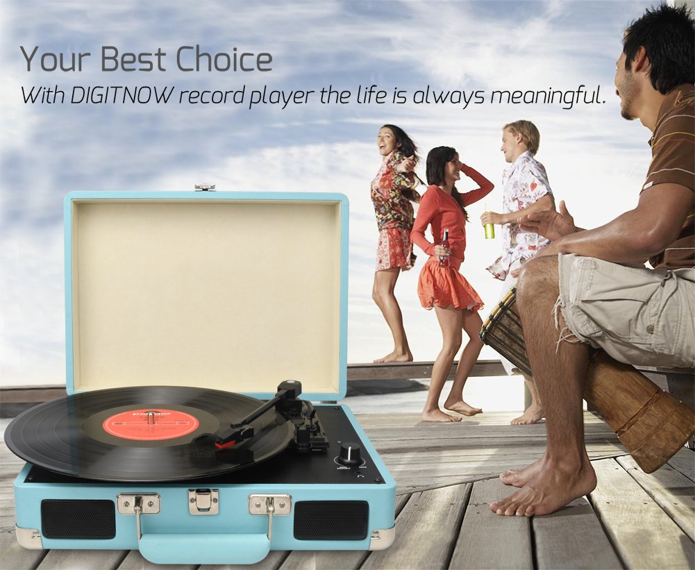 DIGITNOW!Vintage Turntable,3 Speed Vinyl Record Player-Suitcase/Briefcase Style with Built-in Stereo Speakers, Supports USB/RCA Output/Headphone Jack / MP3 / Mobile Phones Music Playback (Blue)