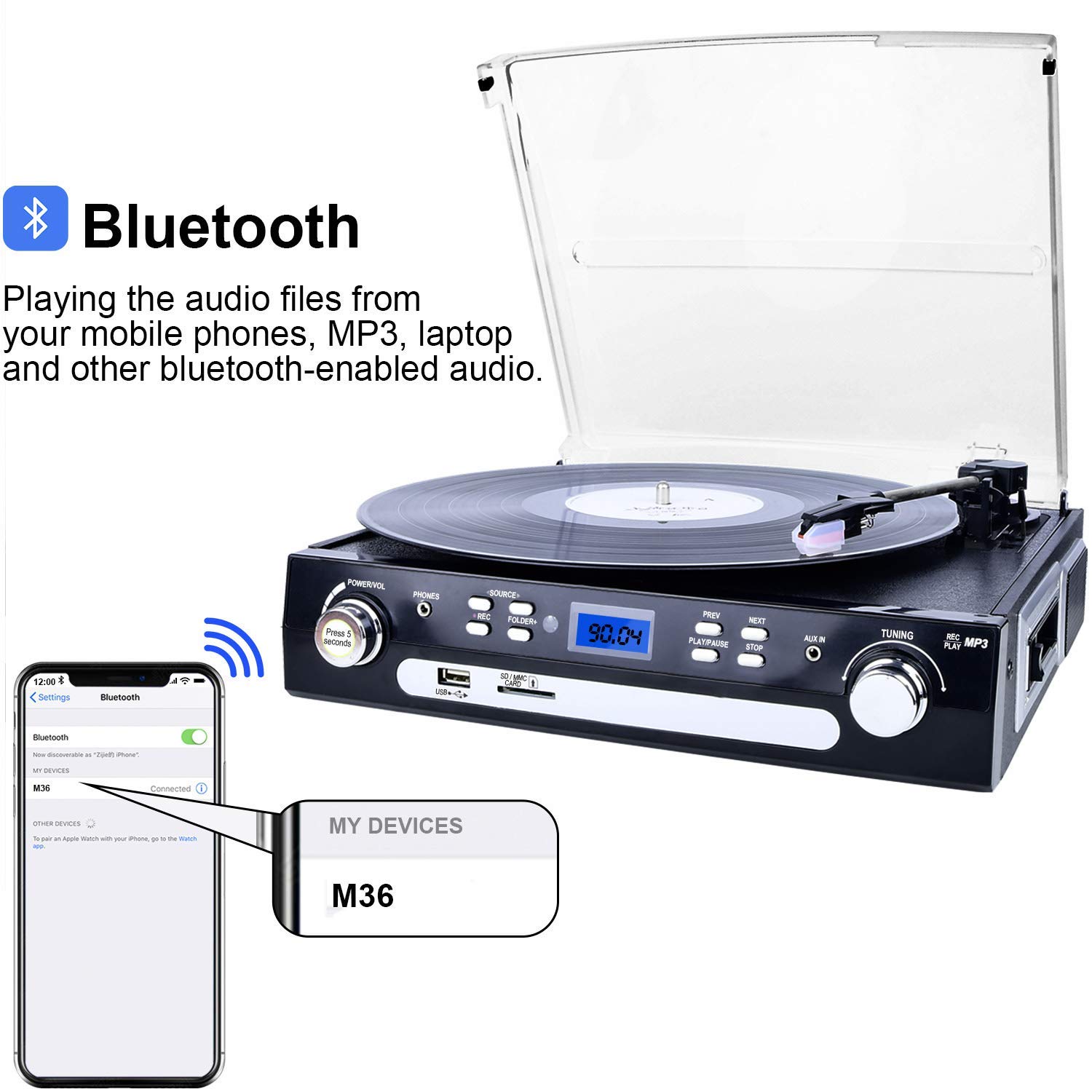 DIGITNOW Vinyl/LP Turntable Record Player, with Bluetooth,AM&FM Radio, Cassette Tape, Aux in, USB/SD Encoding & Playing MP3/ Built-in Stereo Speakers, 3.5mm Headphone Jack,Remote and LCD