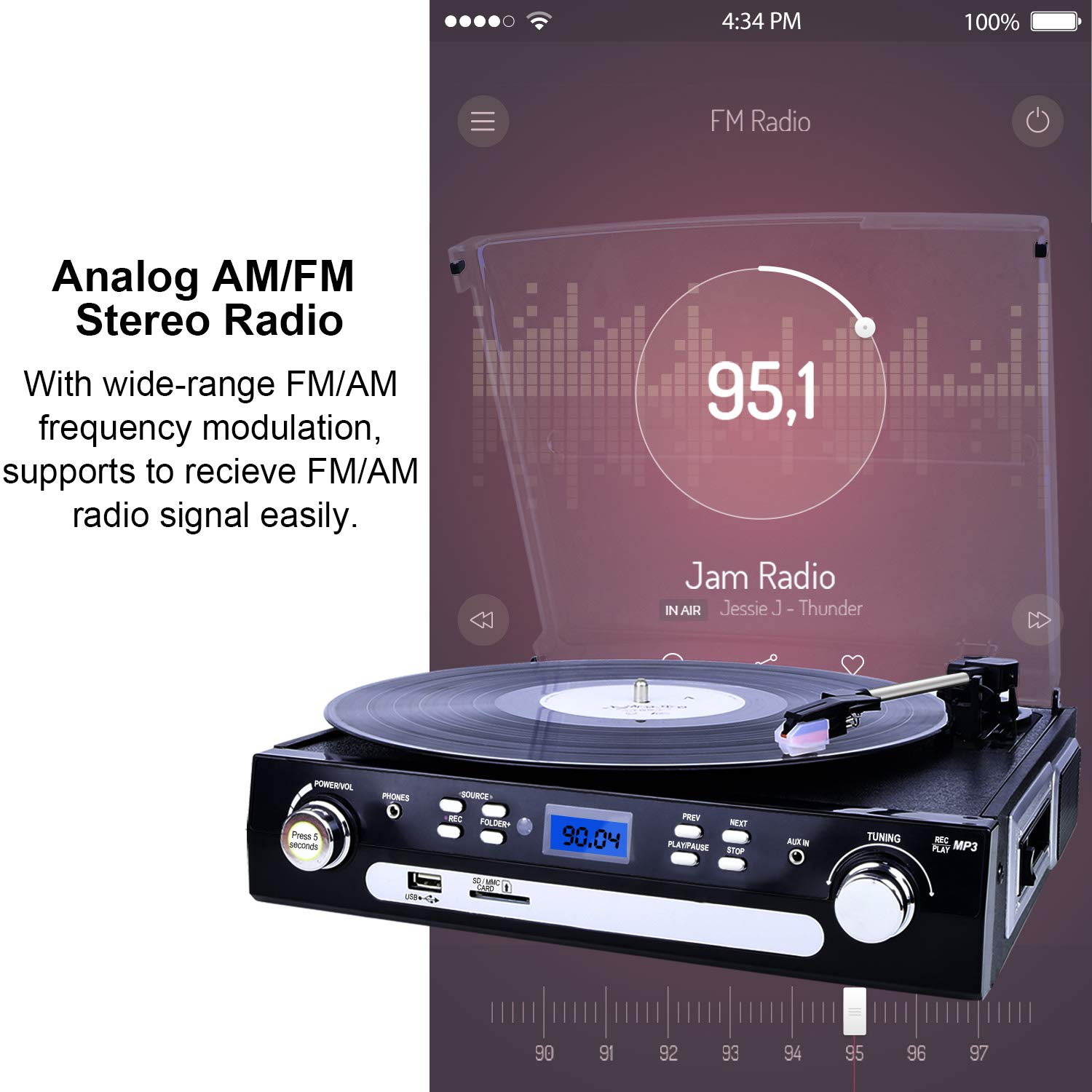 DIGITNOW Vinyl/LP Turntable Record Player, with Bluetooth,AM&FM Radio, Cassette  Tape, Aux in, USB/SD Encoding & Playing MP3/ Built-in Stereo Speakers, 3.5mm  Headphone Jack,Remote and LCD-Basic Function-DIGITNOW!