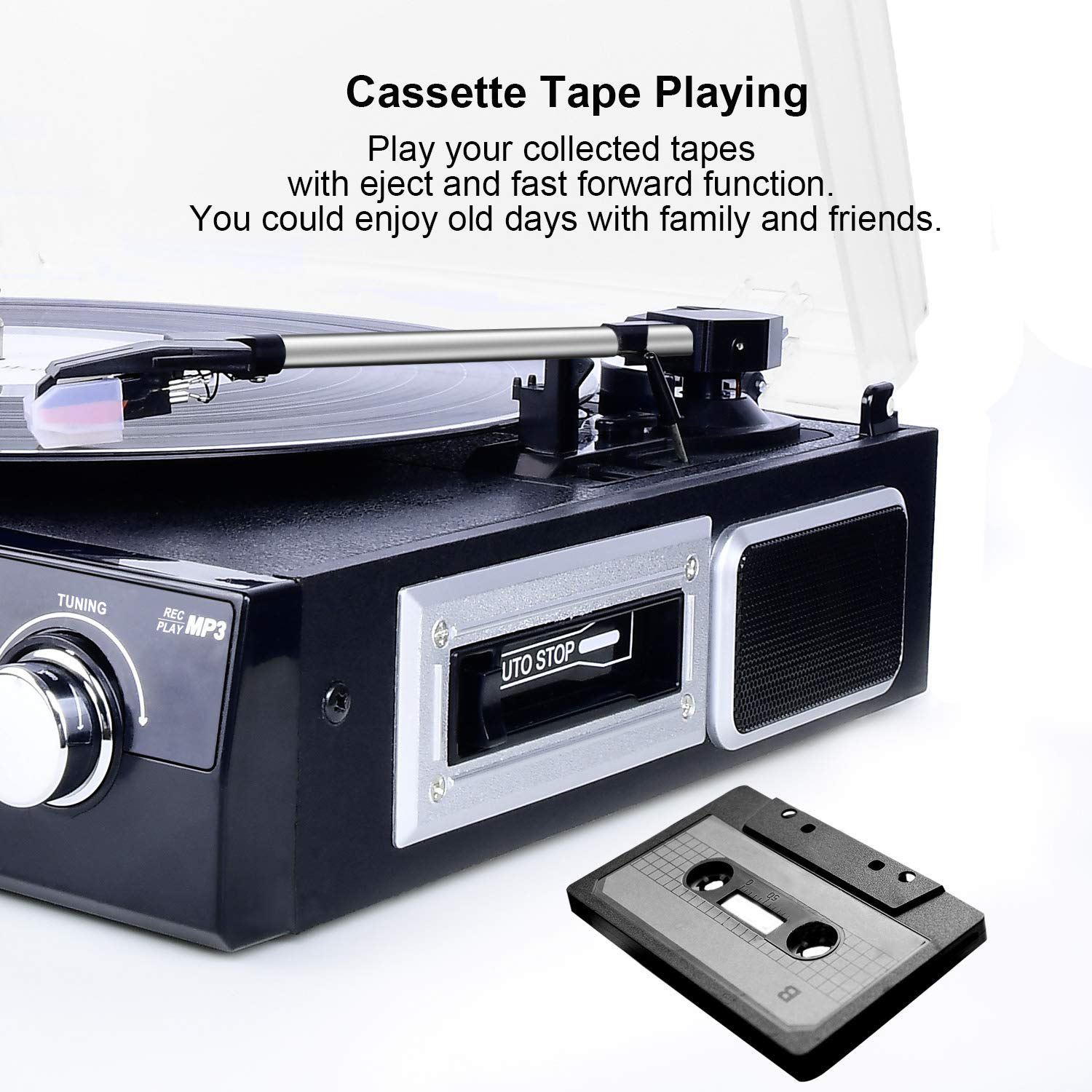 DIGITNOW Vinyl/LP Turntable Record Player, with Bluetooth,AM&FM Radio, Cassette Tape, Aux in, USB/SD Encoding & Playing MP3/ Built-in Stereo Speakers, 3.5mm Headphone Jack,Remote and LCD