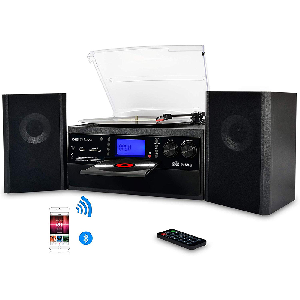 DIGITNOW Bluetooth Record Player Turntable with Stereo Speaker, LP Vinyl to MP3 Converter with CD, Cassette, Radio, Aux in and USB / SD Encoding, Remote Control, Audio Music Player 