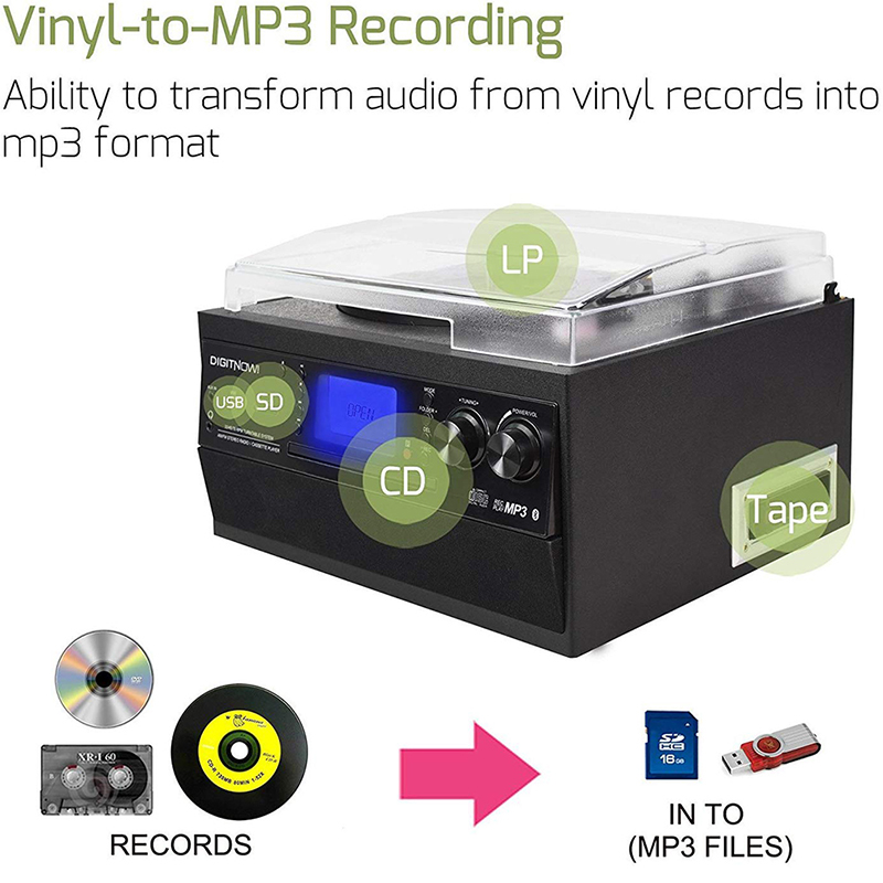 DIGITNOW Bluetooth Record Player Turntable with Stereo Speaker, LP Vinyl to MP3 Converter with CD, Cassette, Radio, Aux in and USB / SD Encoding, Remote Control, Audio Music Player 