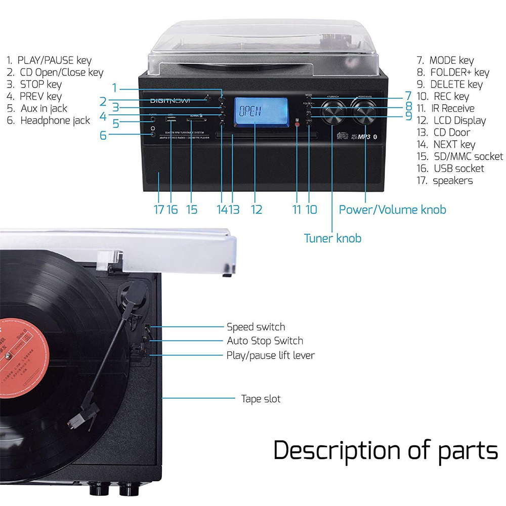 DIGITNOW Bluetooth Record Player Turntable with Stereo Speaker, LP Vinyl to MP3 Converter with CD, Cassette, Radio, Aux in and USB / SD Encoding, Remote Control, Audio Music Player 