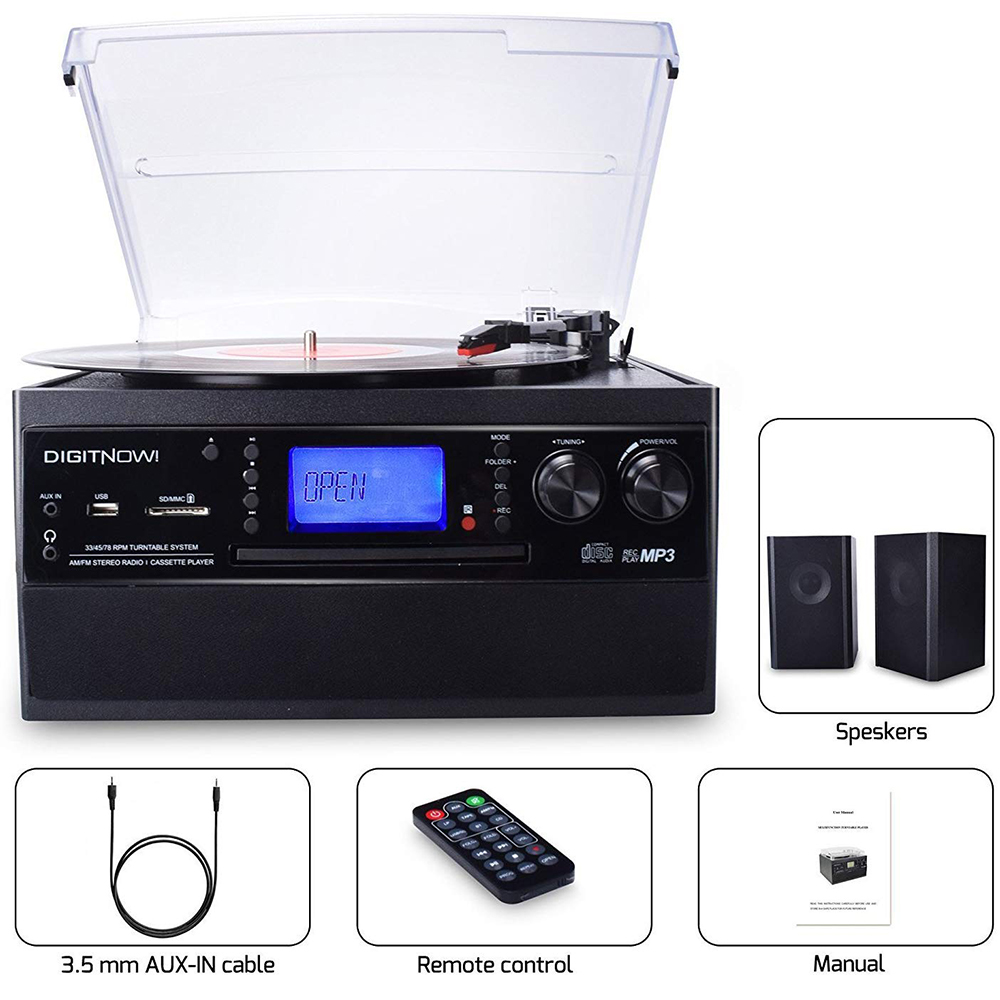 DIGITNOW Bluetooth Record Player Turntable with Stereo Speaker, CD Player,  Cassette, Radio, Aux in and SD Encoding, Remote Control, Audio Music Player