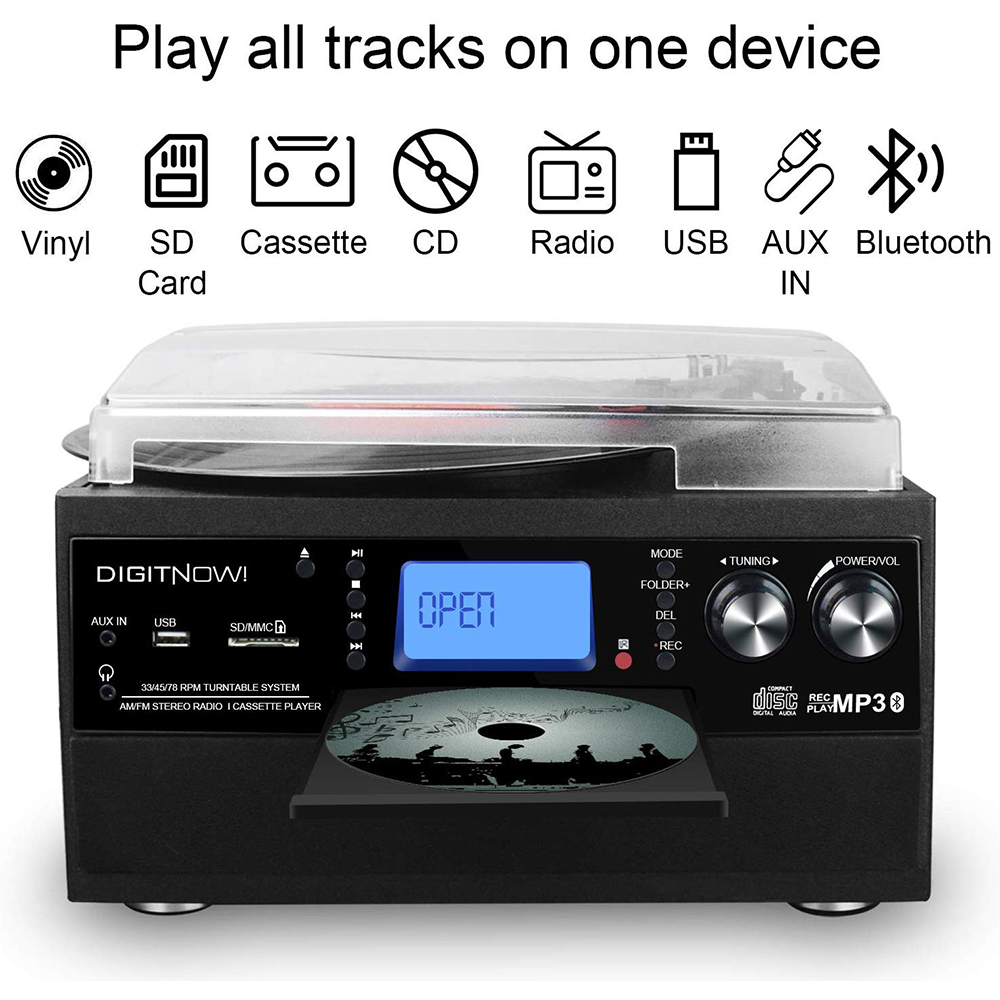 DIGITNOW Bluetooth Record Player Turntable with Stereo Speaker, LP Vinyl to MP3 Converter with CD, Cassette, Radio, Aux in and USB/SD Encoding, Remote Control