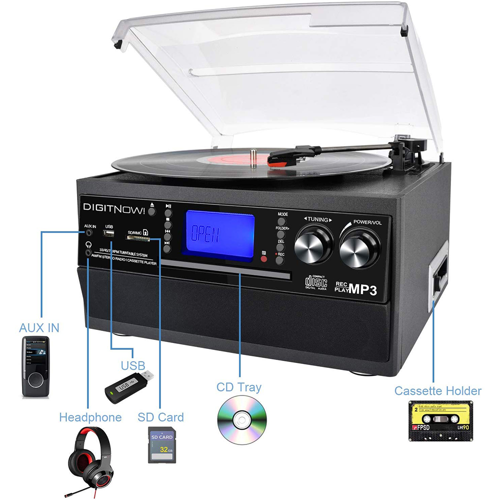 DIGITNOW Bluetooth Record Player Turntable with Stereo Speaker, LP Vinyl to MP3 Converter with CD, Cassette, Radio, Aux in and USB/SD Encoding, Remote Control