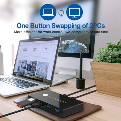 Rybozen  USB 3.0 Switch Selector, 2 Computer Sharing 4 USB Devices, KVM Switcher Box for Mouse Keyboard Scanner Printer PC, with One Button Swapping and USB3.0 Cable
