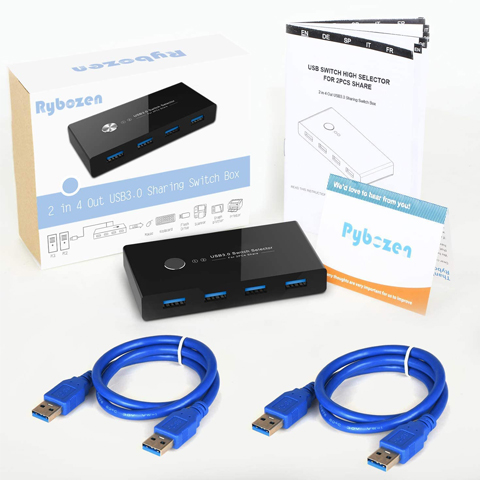 Rybozen USB 3.0 Switch Selector, 4 Port KM Switch USB Peripheral Switcher  Box, 4 Computers Sharing 4 USB Devices, for PC, Printer, Scanner, Mouse,  Keyboard, Button Switch & Remote Control