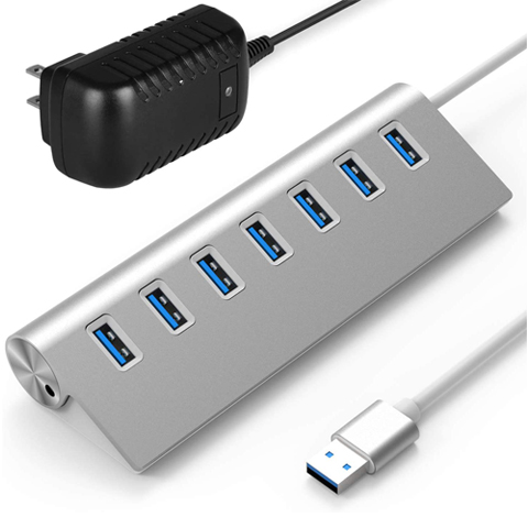 Rybozen 7-Port USB 3.0 Hub, Aluminum Data Hub with 5V/4A 20W Power Adapter and 4.9Ft USB Cable for Desktop PC/Laptop