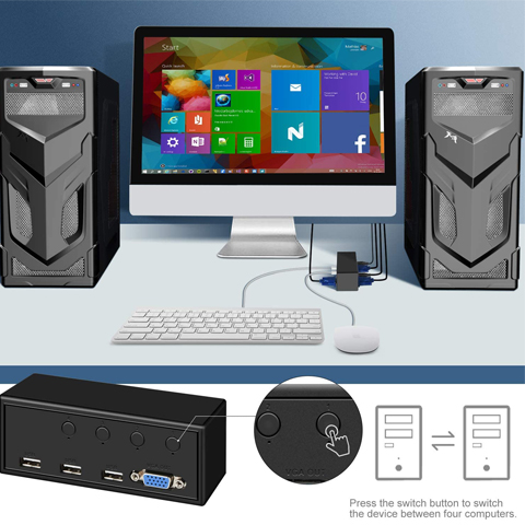 Rybozen KVM Switch Selector, USB VGA Switch Switcher 4 in 1 Out 1080P for 4PC Sharing 1 Video and 3 USB Devices, Control Multi Devices with One Monitor