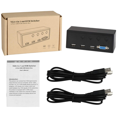 Rybozen KVM Switch Selector, USB VGA Switch Switcher 4 in 1 Out 1080P for 4PC Sharing 1 Video and 3 USB Devices, Control Multi Devices with One Monitor