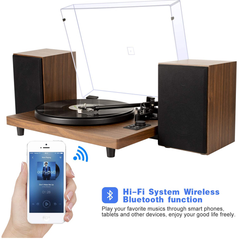 DIGITNOW Bluetooth Record Player Wireless Turntable HiFi System Wooden Bluetooth Turntable Converter with Counter Weight, Audio Music Player with Twin Detachable Speakers