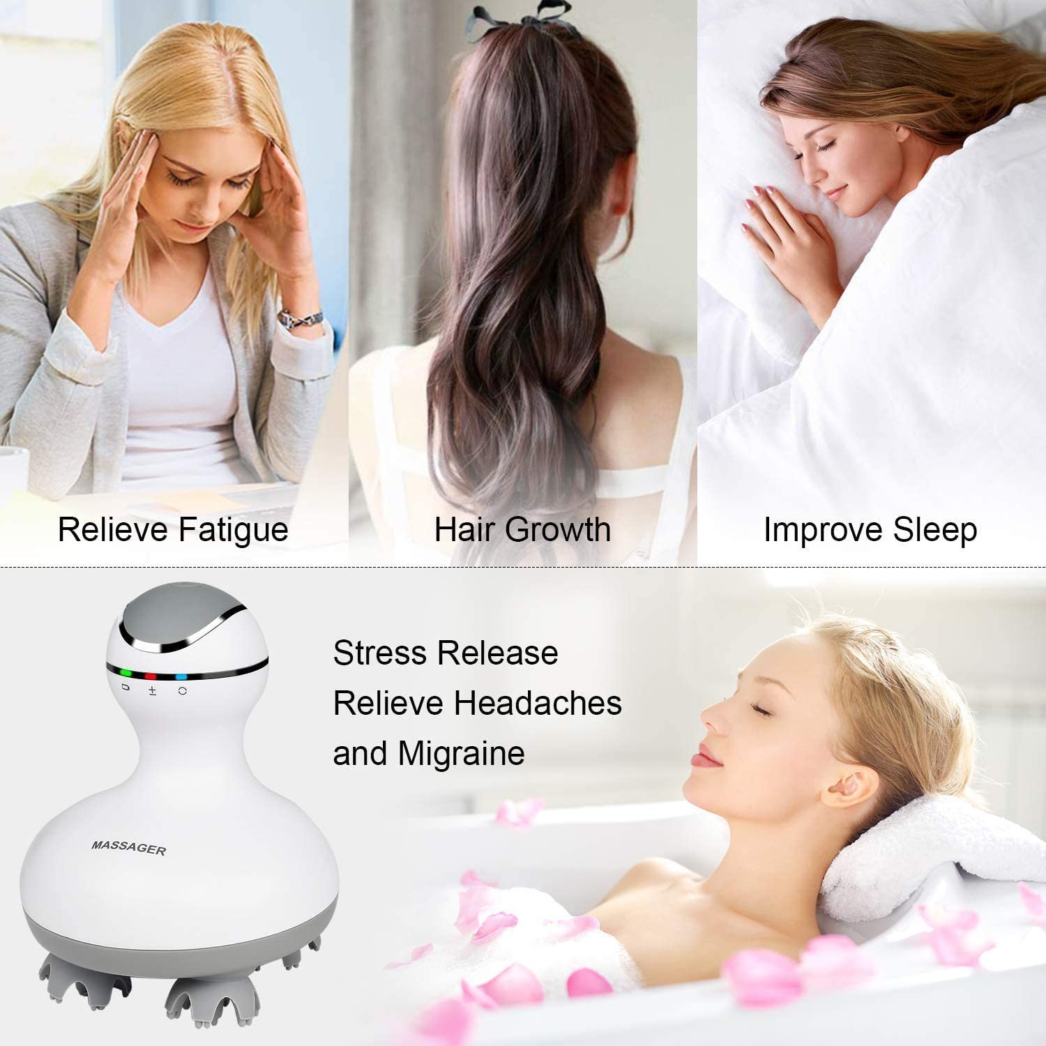 Cotsoco Electric Scalp Head Massager, Handheld Portable Waterproof Head Scratcher Massager with 4 Heads 84 Nodes Gifts Idea for Hair Growth, Deep Clean & Stress Release Massage