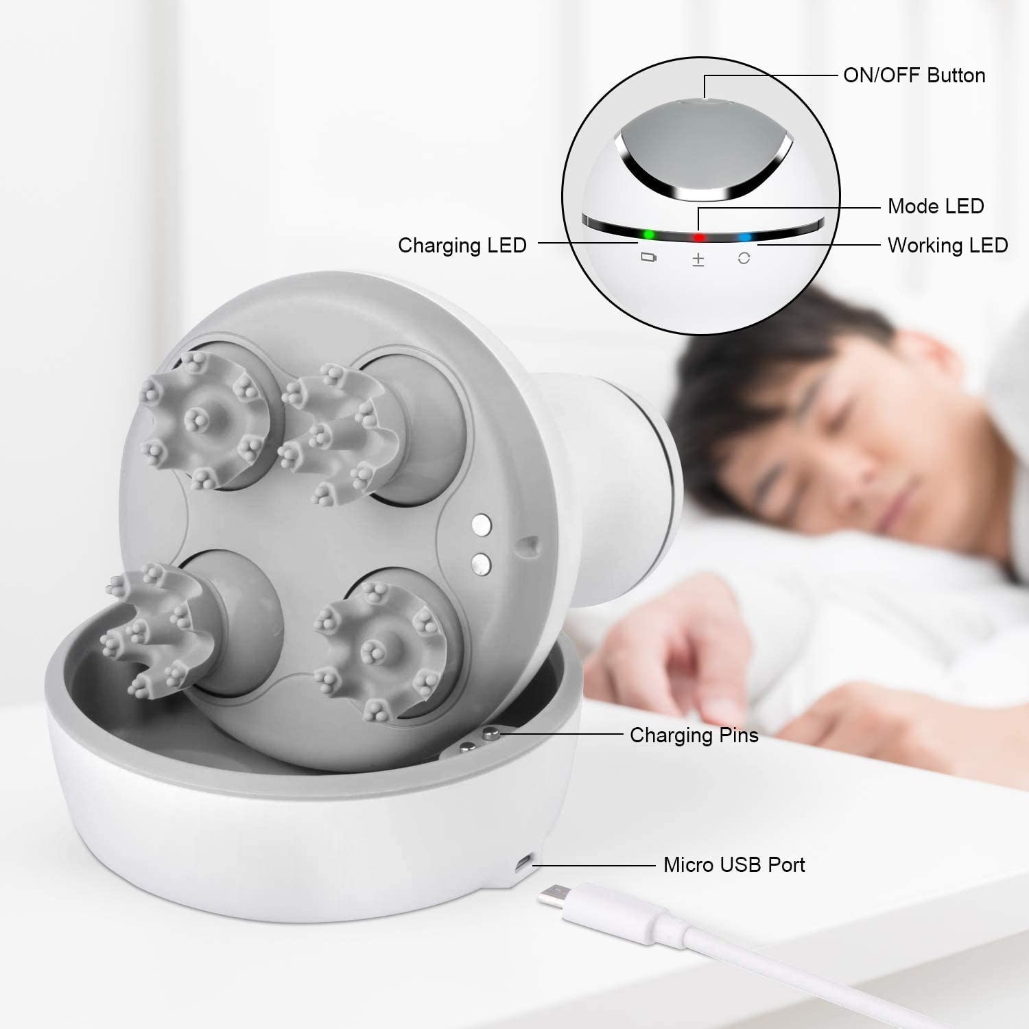 Cotsoco Electric Scalp Head Massager, Handheld Portable Waterproof Head Scratcher Massager with 4 Heads 84 Nodes Gifts Idea for Hair Growth, Deep Clean & Stress Release Massage